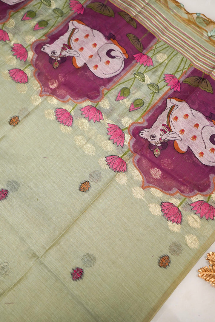 Elegant Pastel Green Pichwai Cotton Silk Suit Set