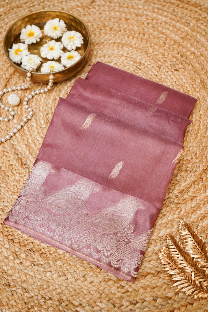 Mauve Raw Mango Inspired Banarasi Saree with Zari Weave Birds Motif