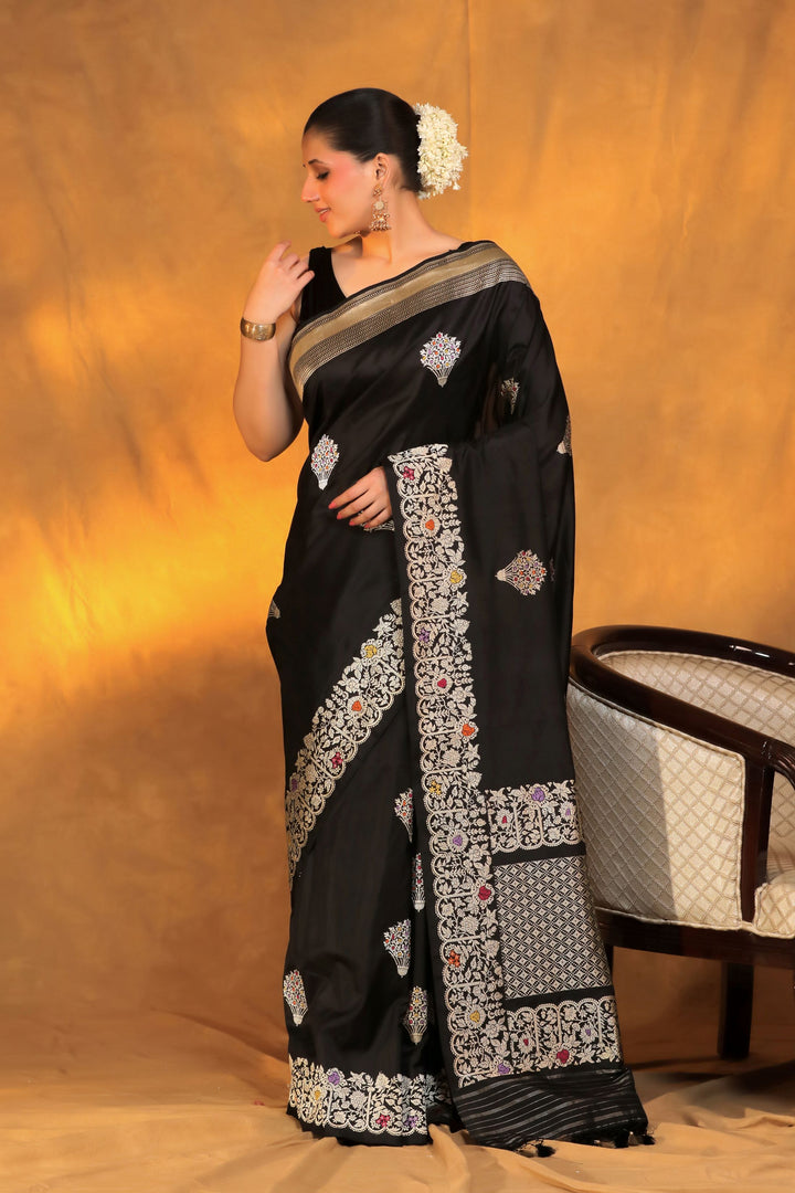 Handwoven Banarasi Black Pure Katan Silk Sona Rupa Meenakari Saree Front View 3