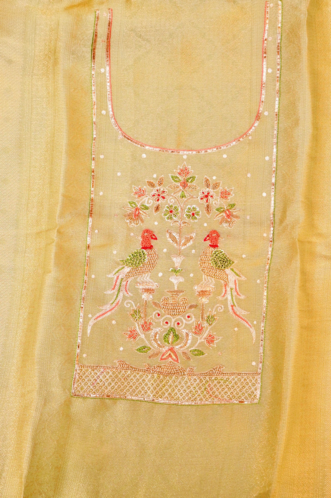 Pista Green Banarasi Brocade Soft Silk Unstitched Suit Set with Hand Zardozi Embroidery Bird Motif