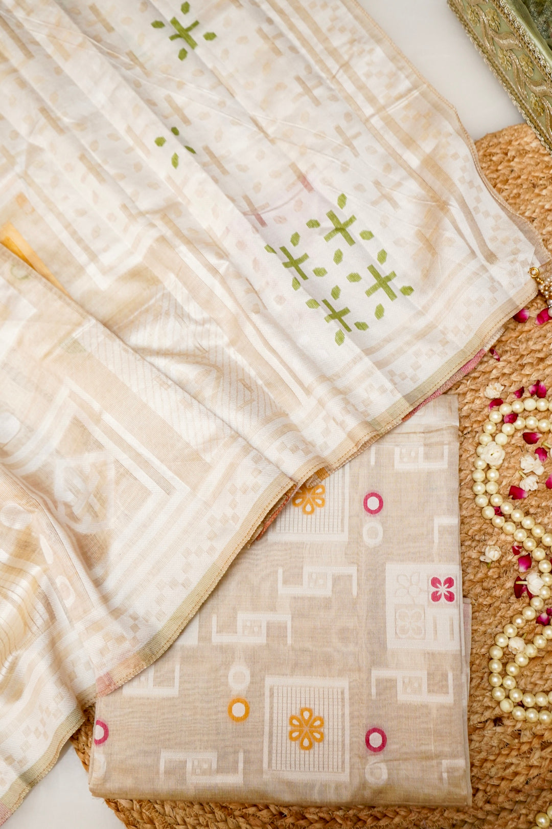 Off White Woven Suit Set with Contemporary Geometric Weave