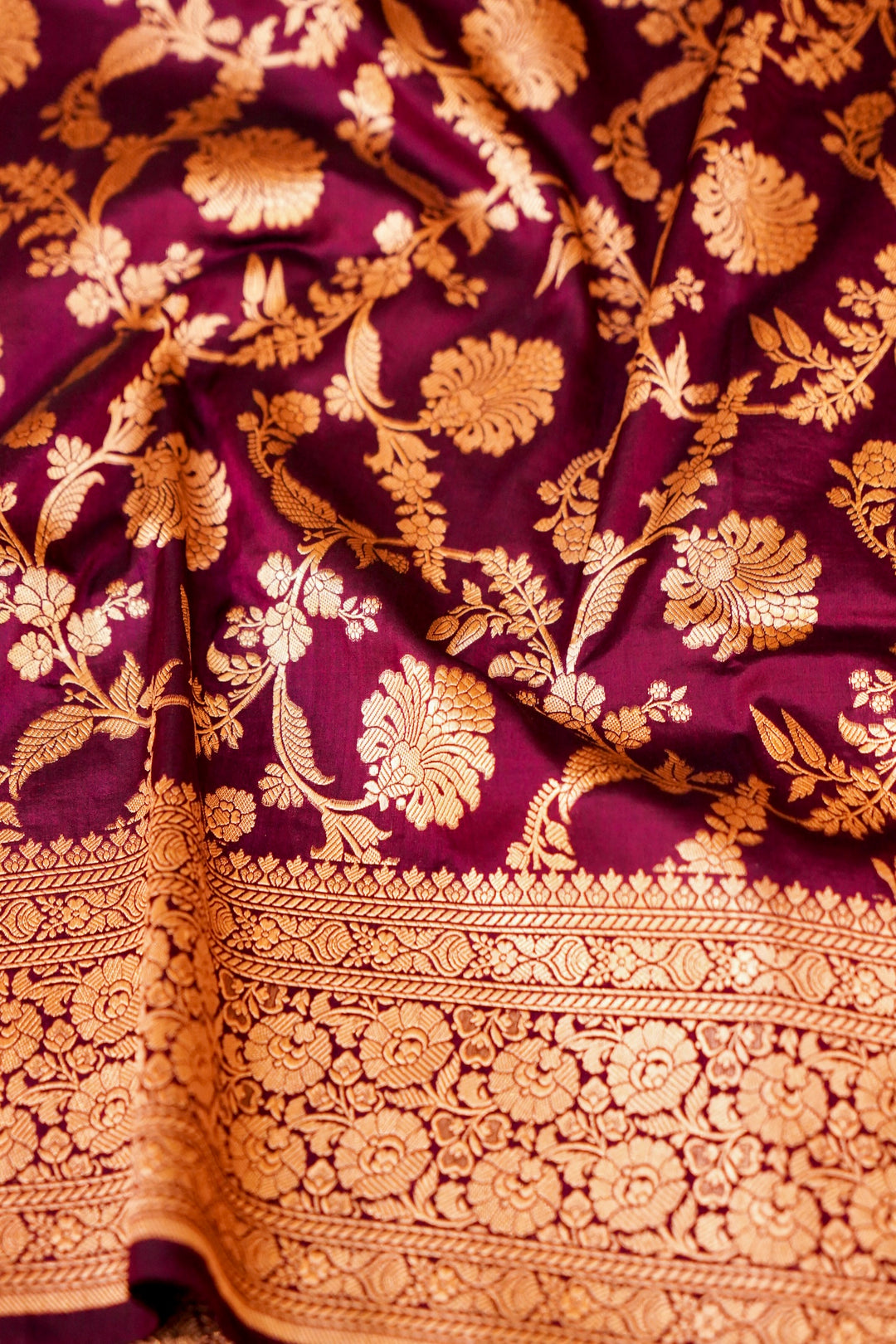 Wine Handwoven Banarasi Pure Katan Silk Upadda Jaal Saree with Jangla Zari Design