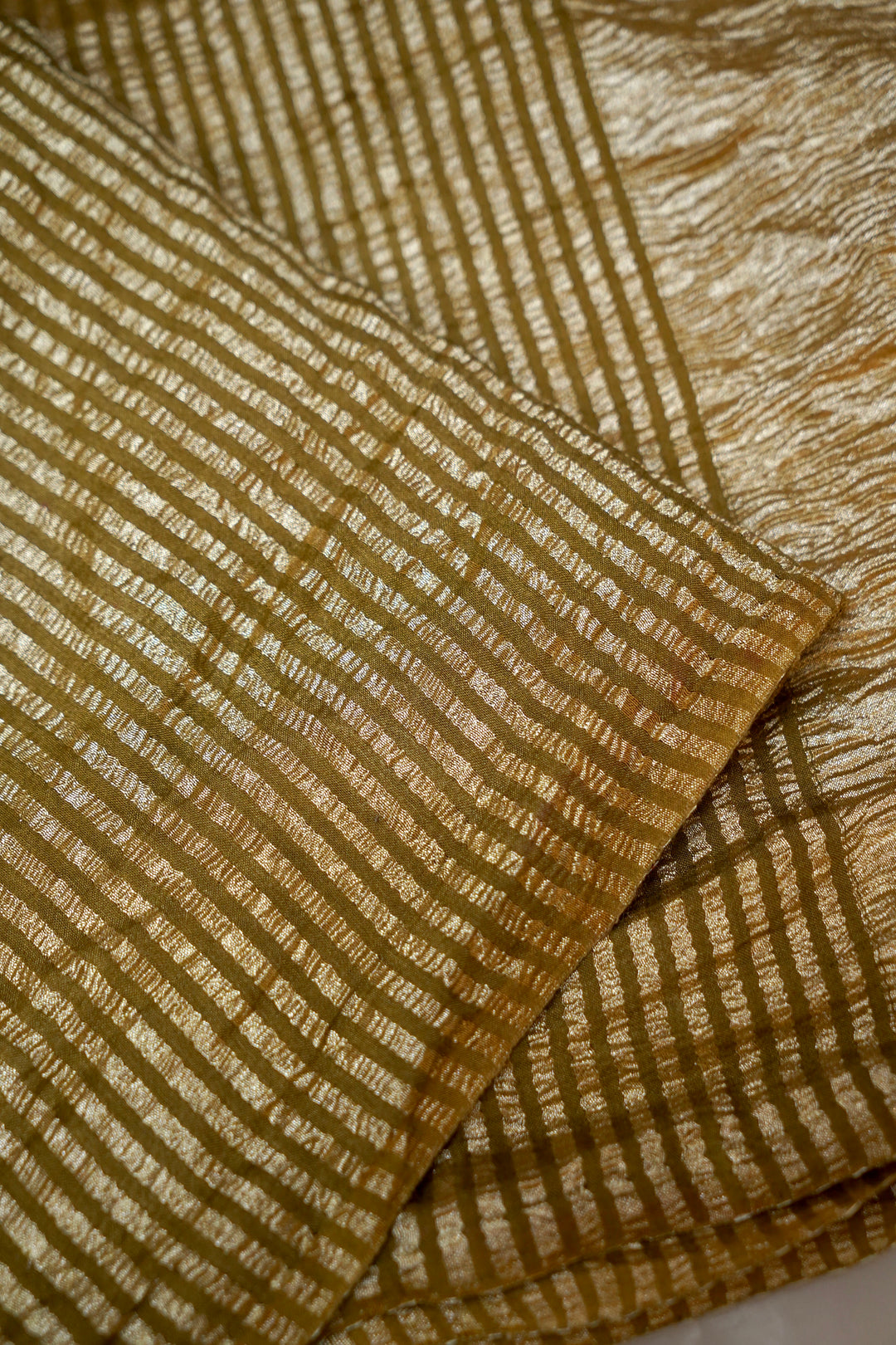 Elegant Olive Green Muga Georgette Saree with Zari Stripe Weave &amp; Crush Tissue Pallu