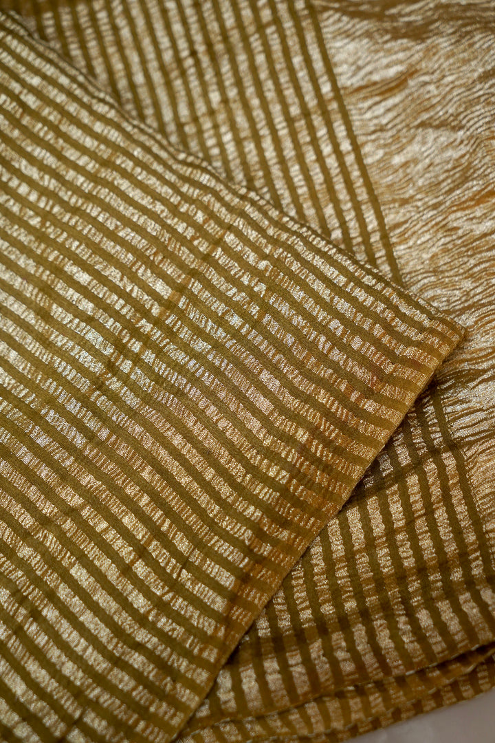 Elegant Olive Green Muga Georgette Saree with Zari Stripe Weave &amp; Crush Tissue Pallu