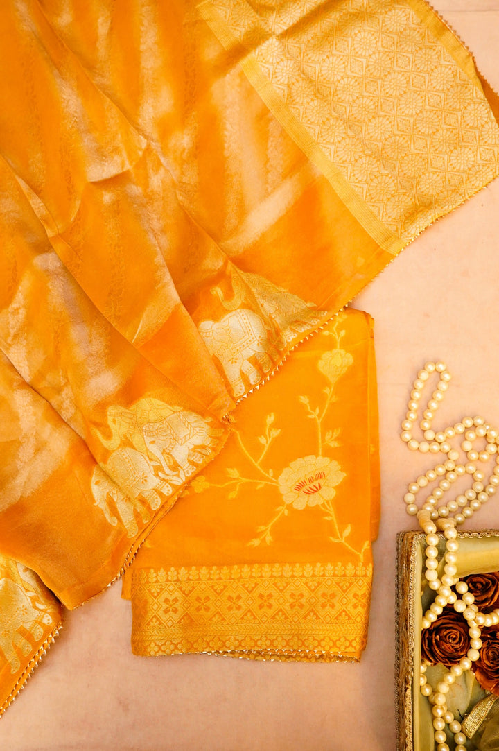 Yellow Banarasi Tissue Silk Saree with Meenakari Jangla Top and Elephant Motif Dupatta