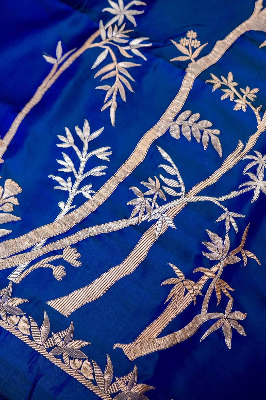 Royal Blue Satin Silk Raw Mango Inspired Cord Set with Sona Rupa Zari Weave View 3