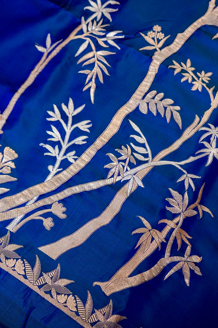 Royal Blue Satin Silk Raw Mango Inspired Cord Set with Sona Rupa Zari Weave View 3