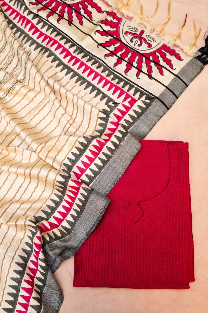 Elegant Dupion Silk Suit in Pink with White Block Print Dupatta
