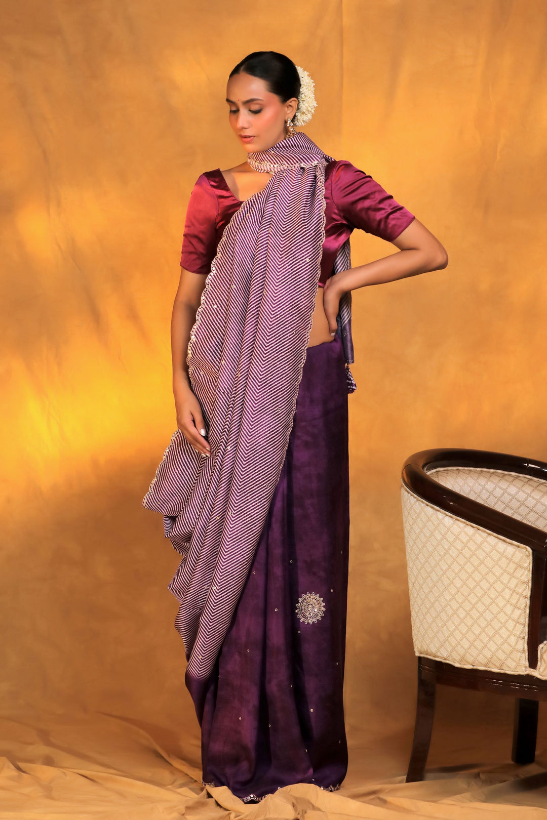 purple crepe silk geometric strip mirror work saree front view 4