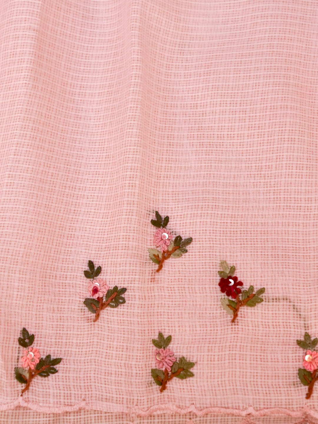 Baby Pink Pure Kota Saree with Kantha Embroidery Hand Painted Motifs View 6