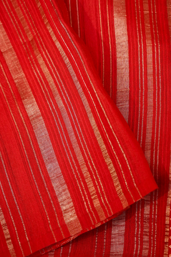 Bridal Red Pure Banarasi Silk Saree with Stripes & Shibori Weaving