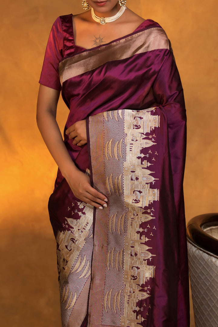 Banarasi Handloom Dark Purple Pure Katan Silk Ghat Wali Saree Closeup View 2