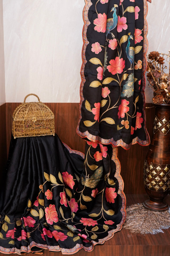 Black Crepe Silk Saree with Meenakari Floral Body &amp; Peacock Motif Pallu