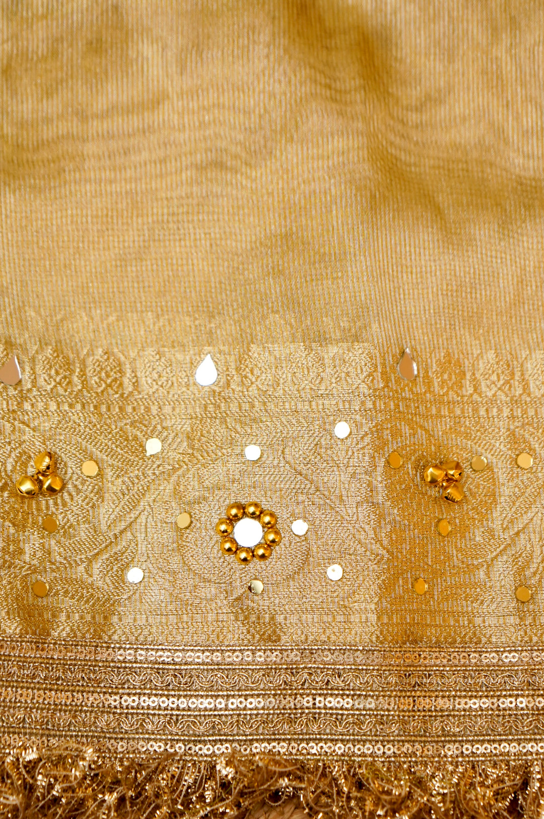 Golden Viral Ghungru Tissue Silk Saree with Mirror Work View 8
