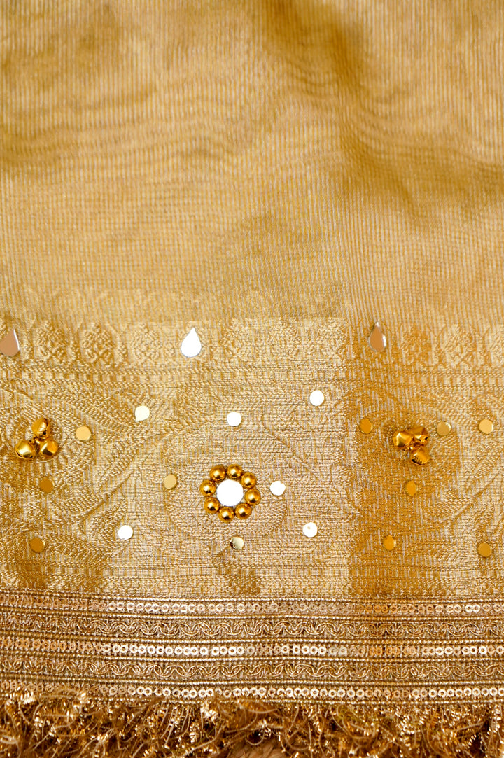 Golden Viral Ghungru Tissue Silk Saree with Mirror Work View 8