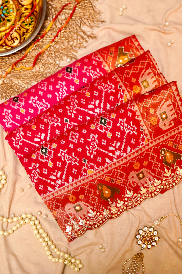 Pink Patola Silk Bridal Wear Aari Mirror Work Saree View 1