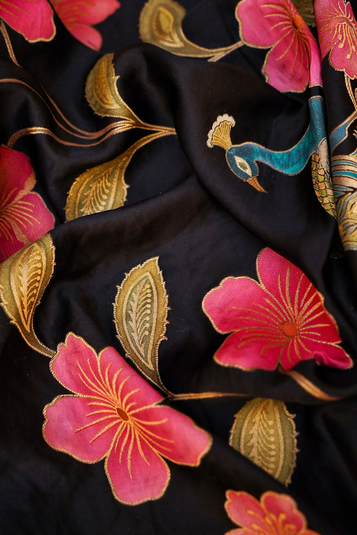 Black Crepe Silk Saree with Meenakari Floral Body &amp; Peacock Motif Pallu