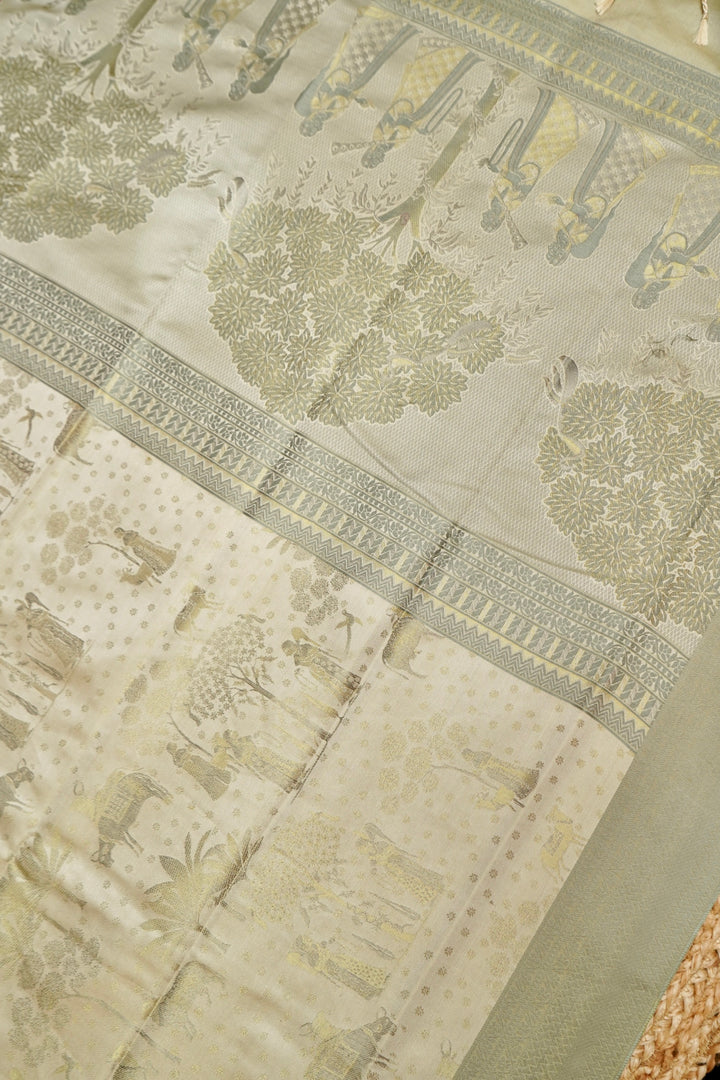 Elegant Beige Handwoven Pure Banarasi Tanchoi Silk Saree