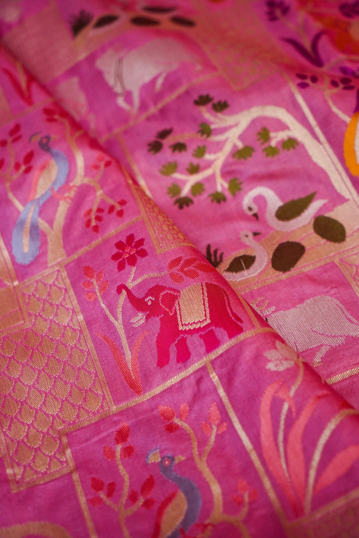 Pastel Pink Banarasi Pure Katan Silk Saree with Meenakari Jaal, Bird & Animal Motifs