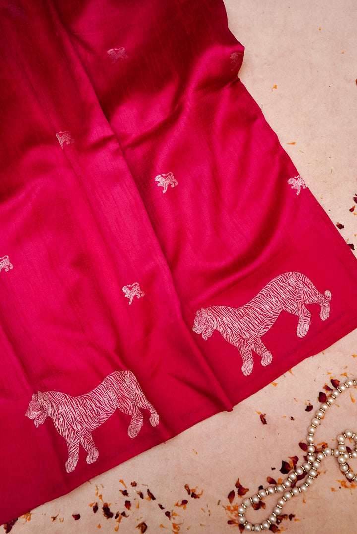 Elegant Pink Pure Katan Silk Saree with Tiger Motifs and Striped Weave Design