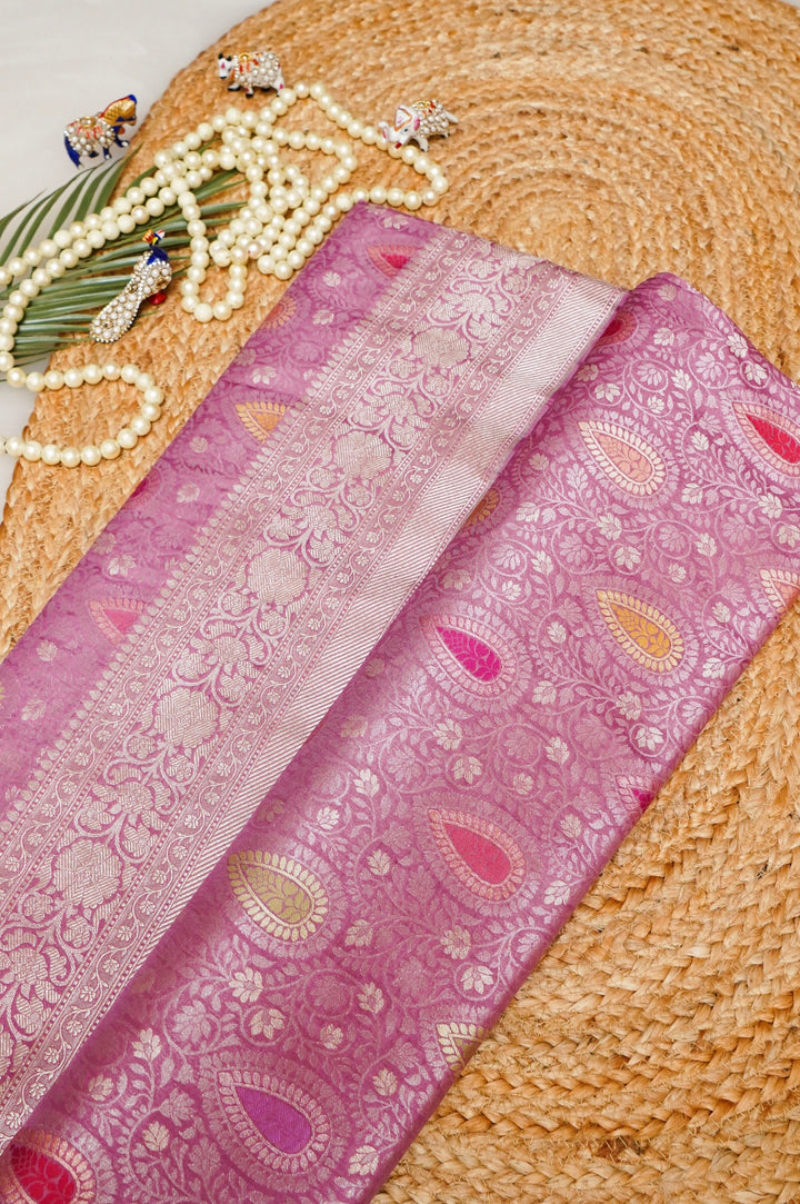 Lavender Handwoven Banarasi Pure Katan Silk Brocade Meenakari Jaal Saree