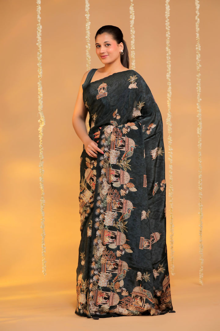 charcoal grey crepe silk katha embroidery figure motif saree front view 1