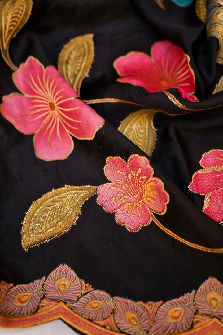 Black Crepe Silk Saree with Meenakari Floral Body &amp; Peacock Motif Pallu