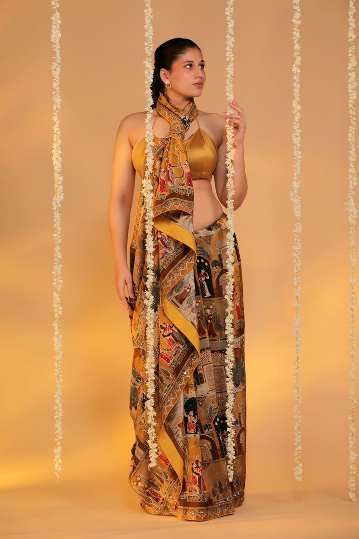 mustard yellow designer crepe silk katha embroider figure motif haldi wear saree front view
