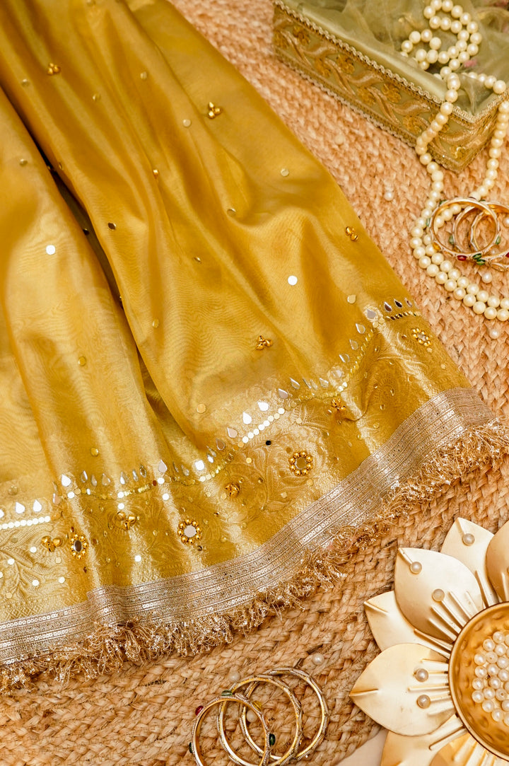 Golden Viral Ghungru Tissue Silk Saree with Mirror Work View 1