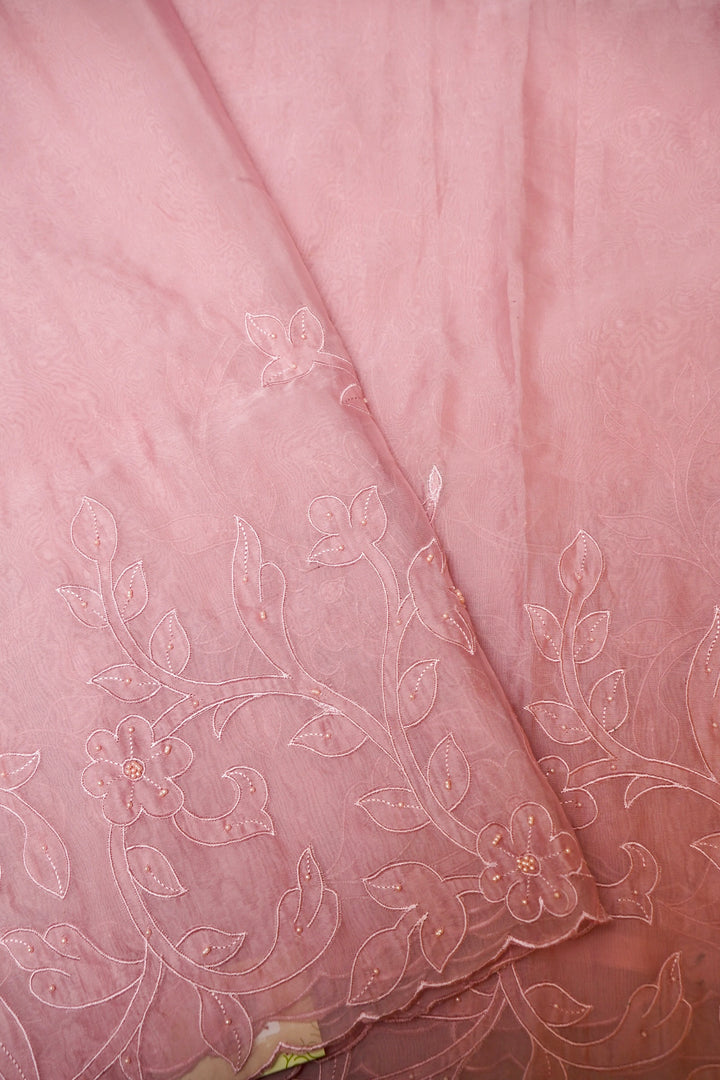 Pastel Pink Organza Tissue Saree with Resham & Pearl Embroidery with Tissue Blouse