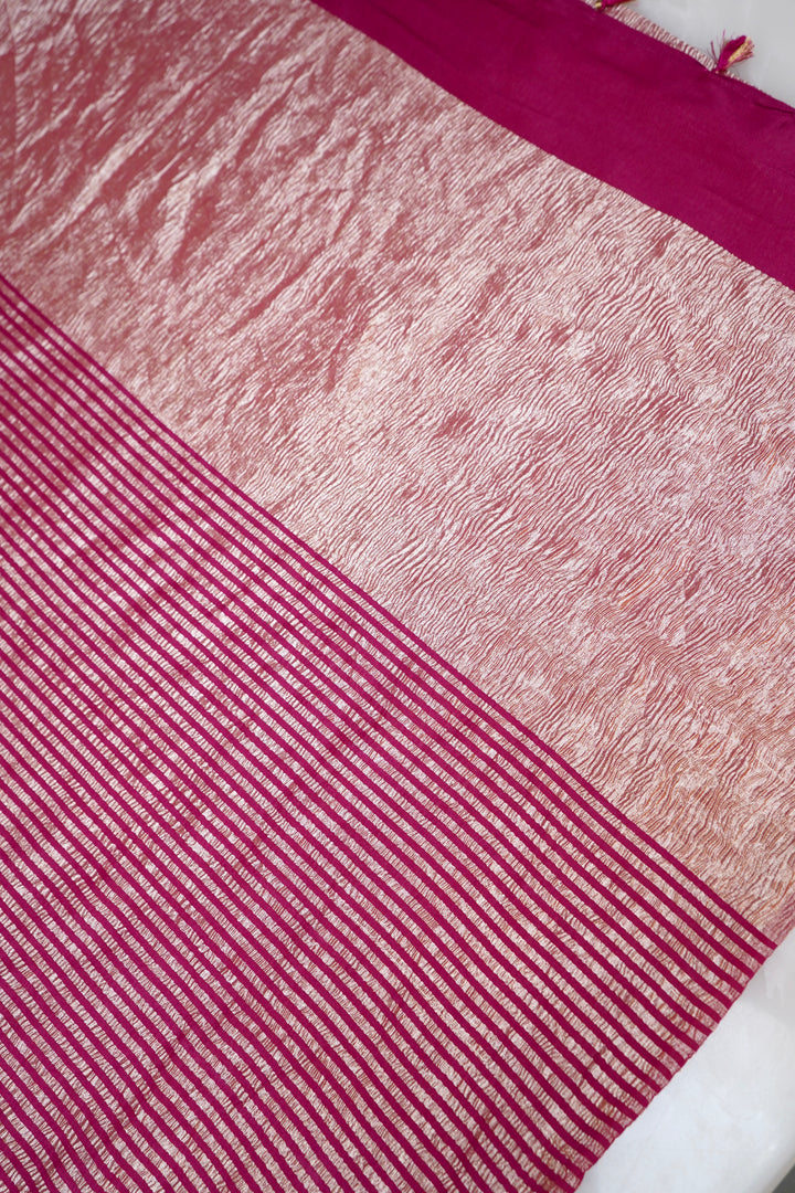 Vibrant Magenta Pink Muga Georgette Saree with Zari Stripe Weave