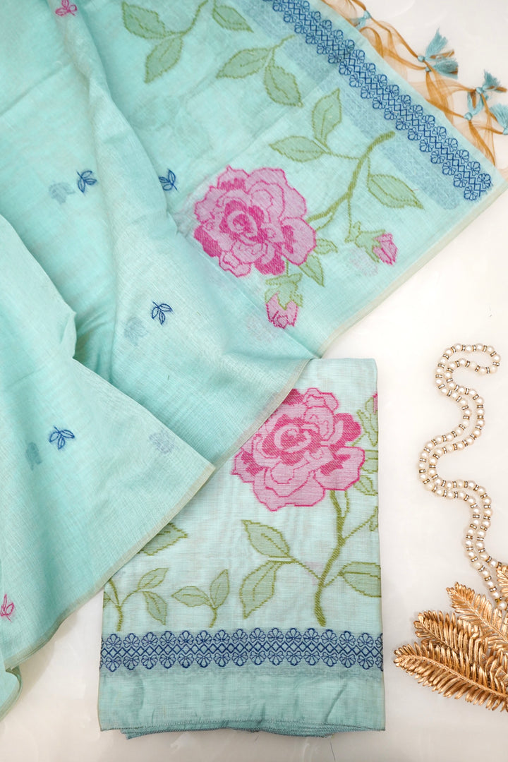 Serene Pastel Blue Meenakari Floral Cotton Silk Suit Set