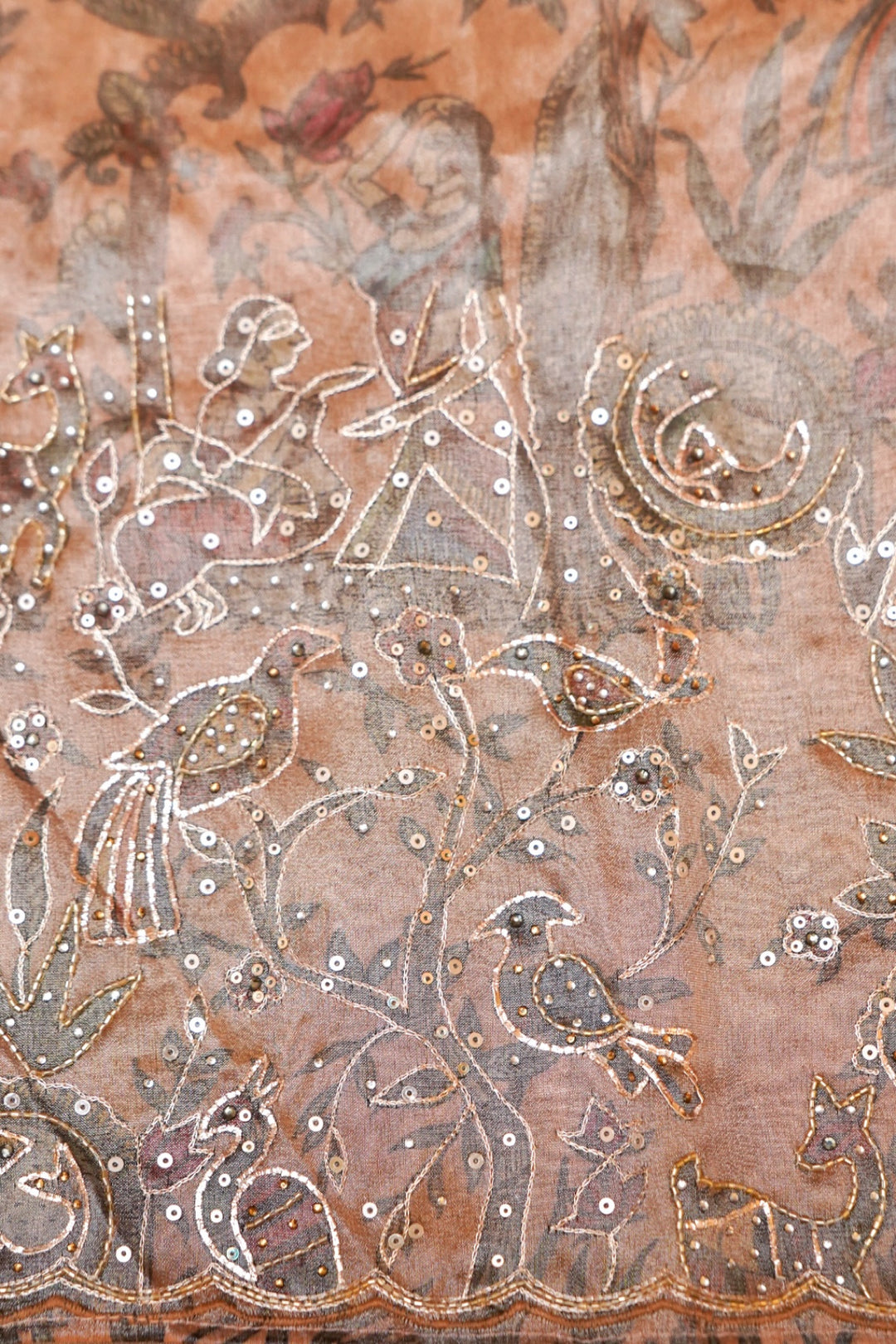Peach Gold Soft Tissue Silk Aari Tari Saree Elegant Festive Glow