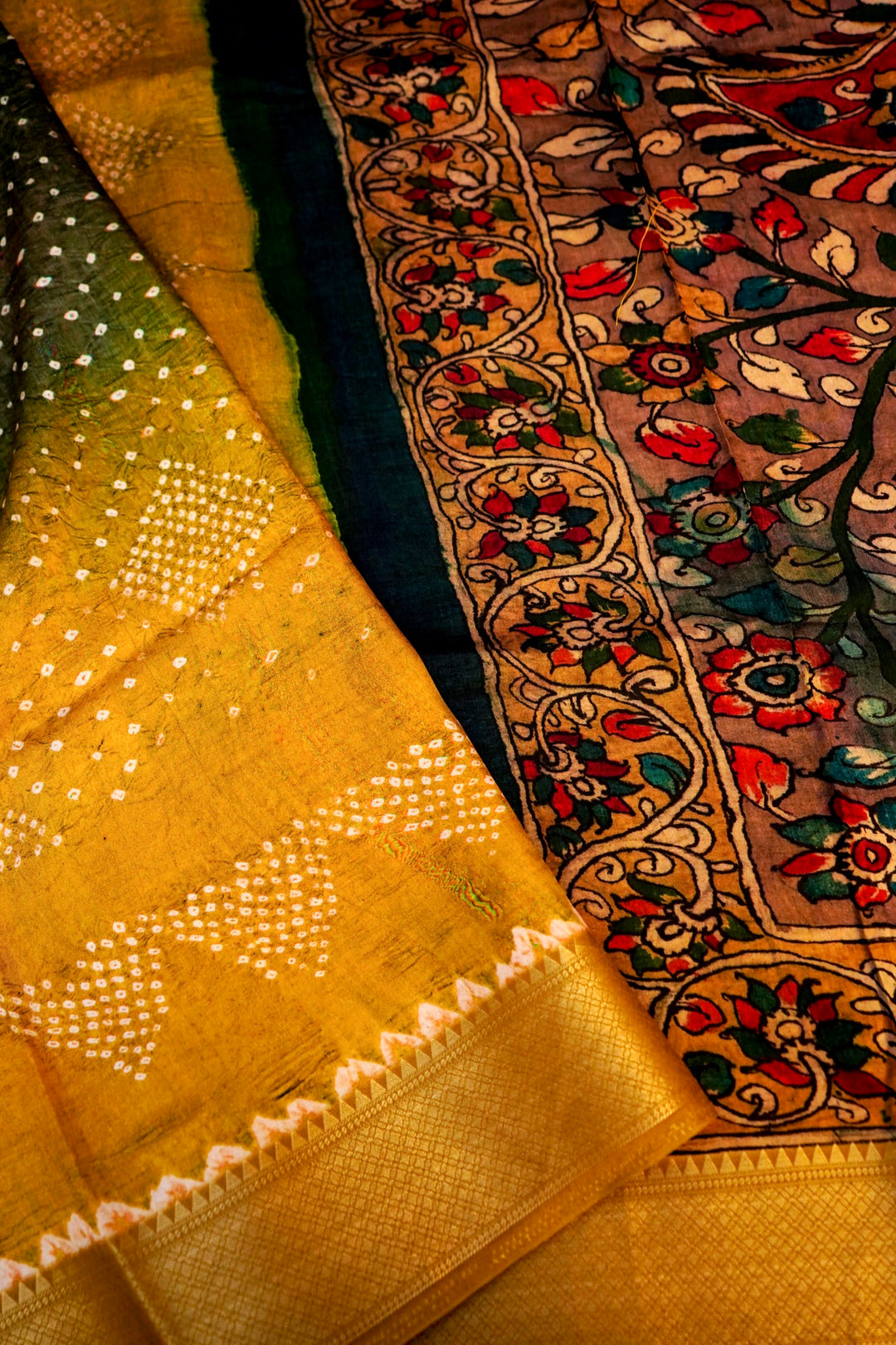 Radiant Mustard Kalamkari and Bandhej Printed Silk Saree