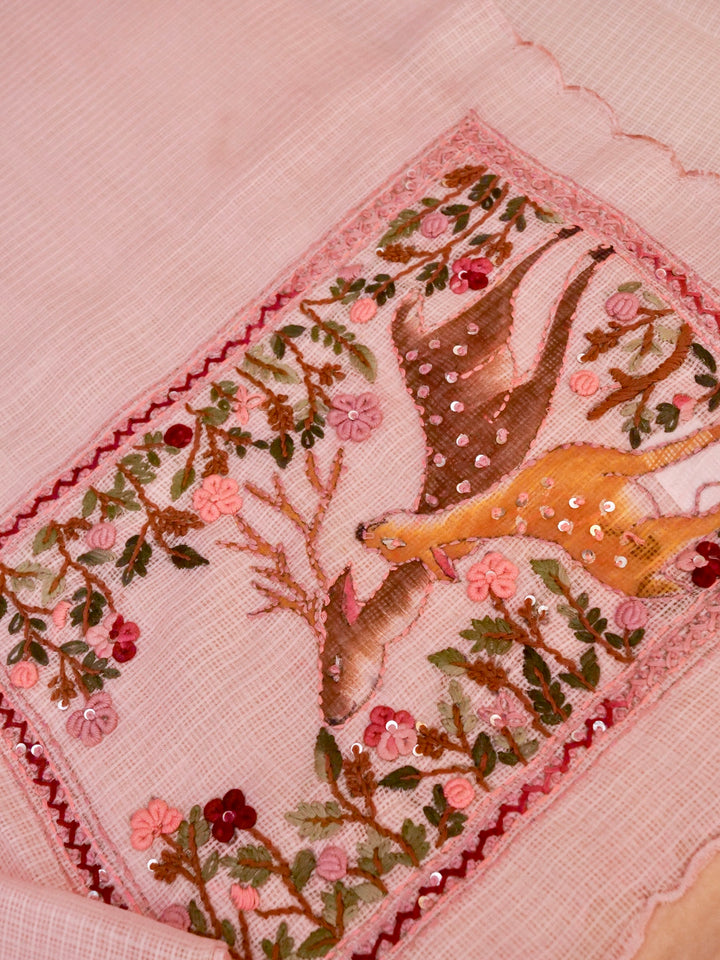 Baby Pink Pure Kota Saree with Kantha Embroidery Hand Painted Motifs View 4