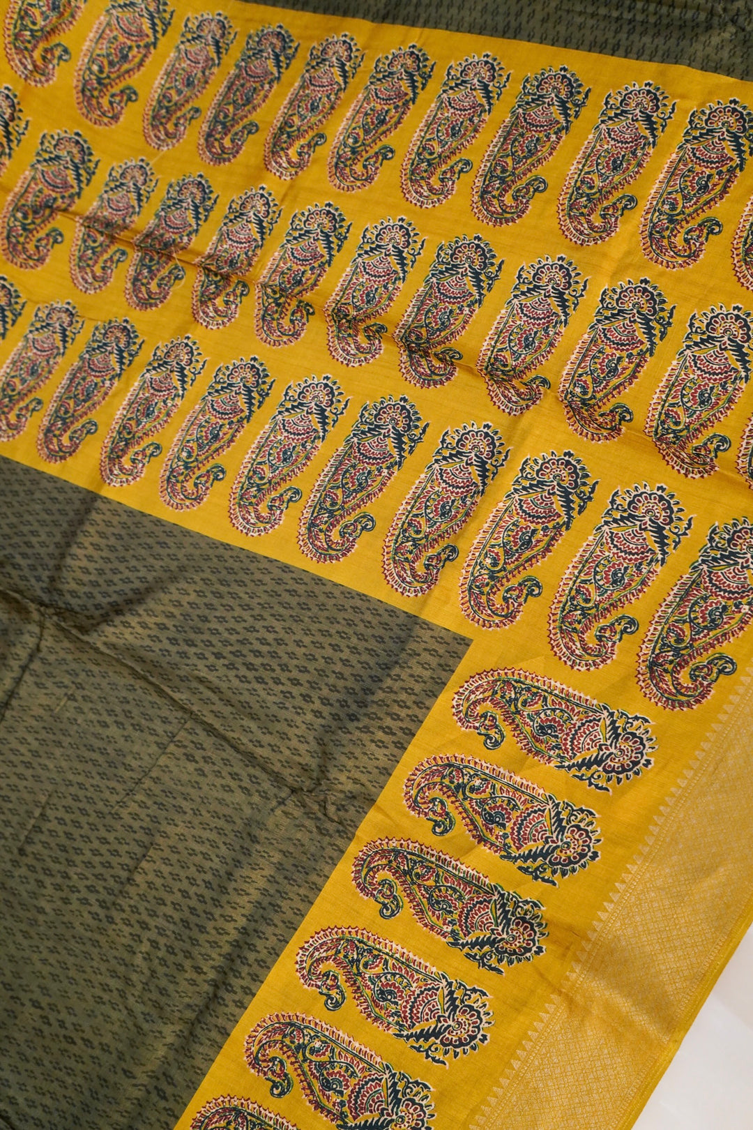 Green Crepe Silk Saree with Meenakari Carry Motif &amp; Yellow Contrast Border