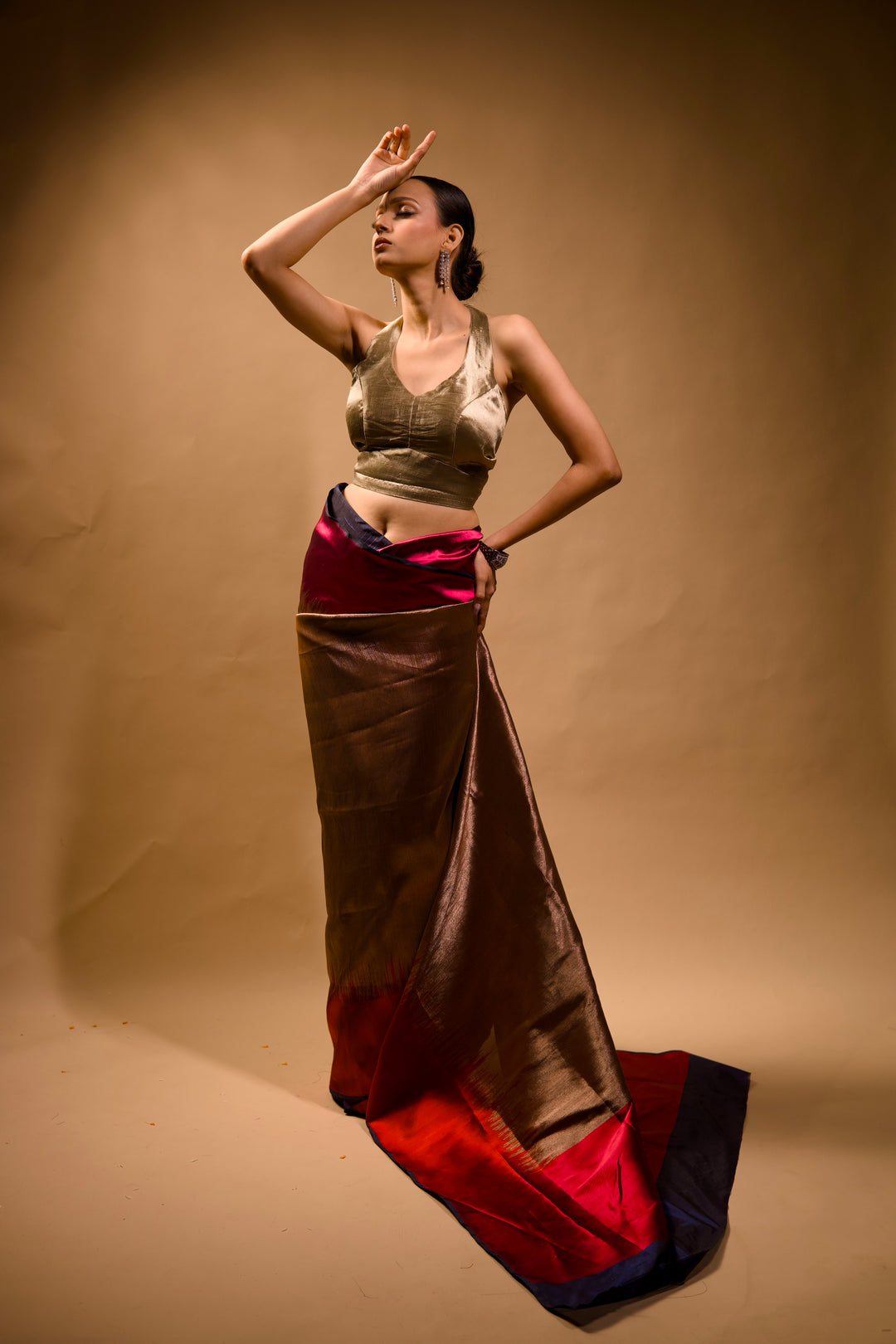Contemporary Banarasi Brocade Silk Chevron Designer Saree in Metallic Tones View 4