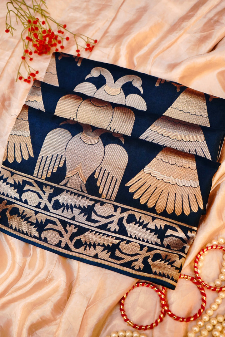 Majestic Navy Blue Nita Ambani Inspired Munga Crepe Birds Motif Saree