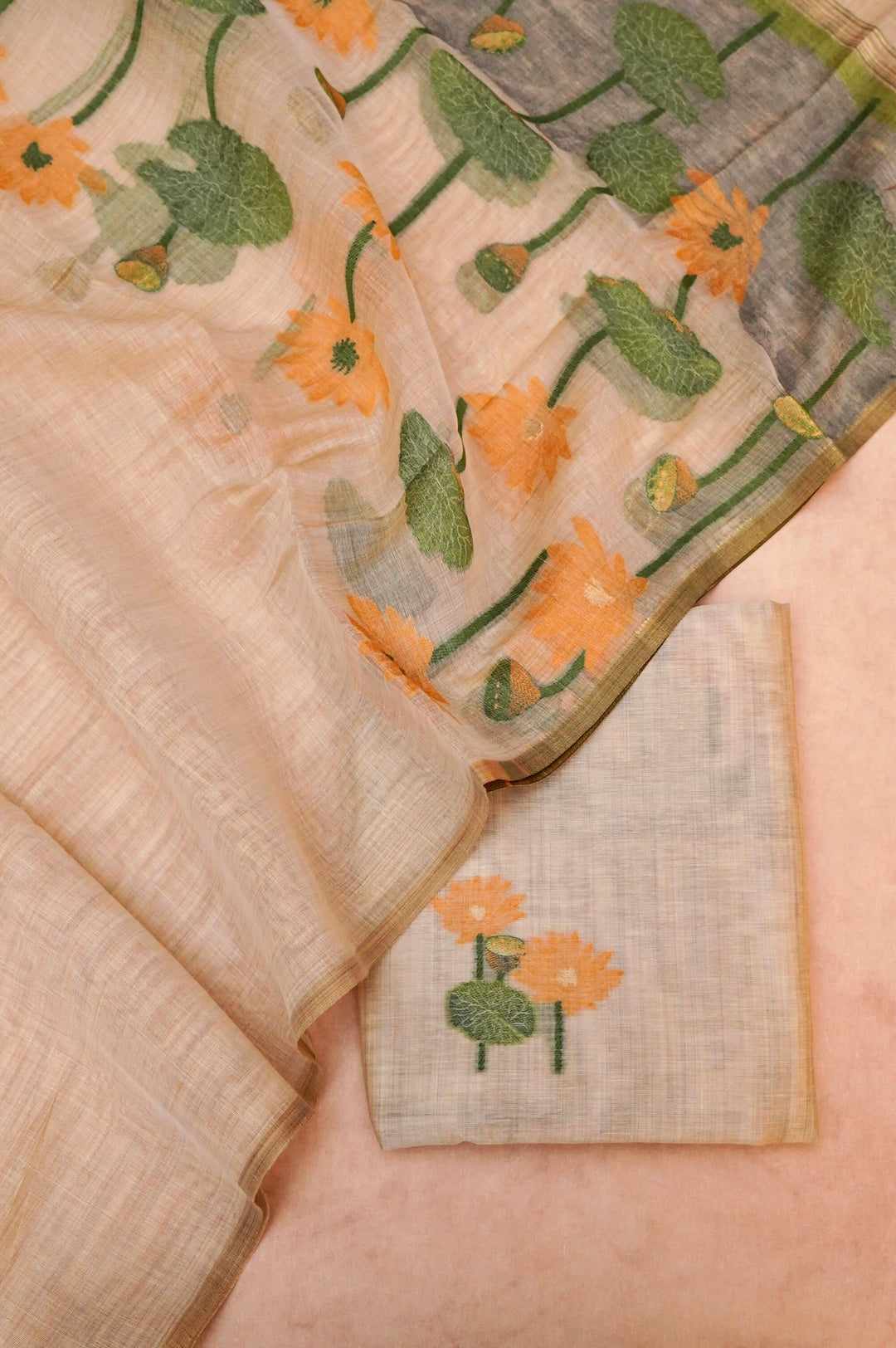 Beige-Gold Cotton Silk Suit Set with Thread Embroidery