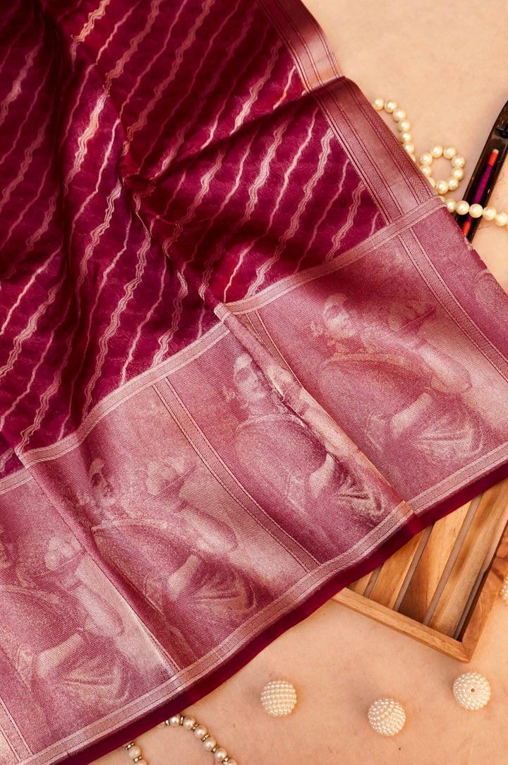 Wine Regal Grace – Pure Katan Silk Handloom Contemporary Banarasi Madhubala Saree