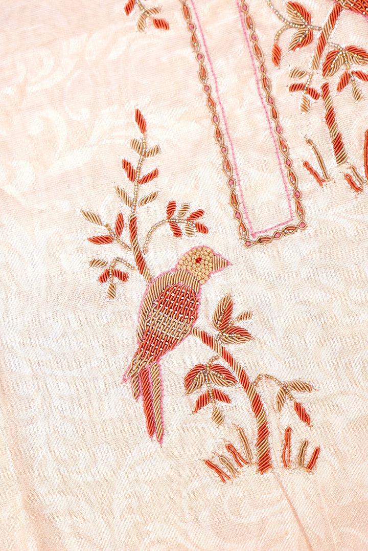 Rose Gold Pure Chanderi Tissue Silk Suit with Resham & Zardozi Embroidery