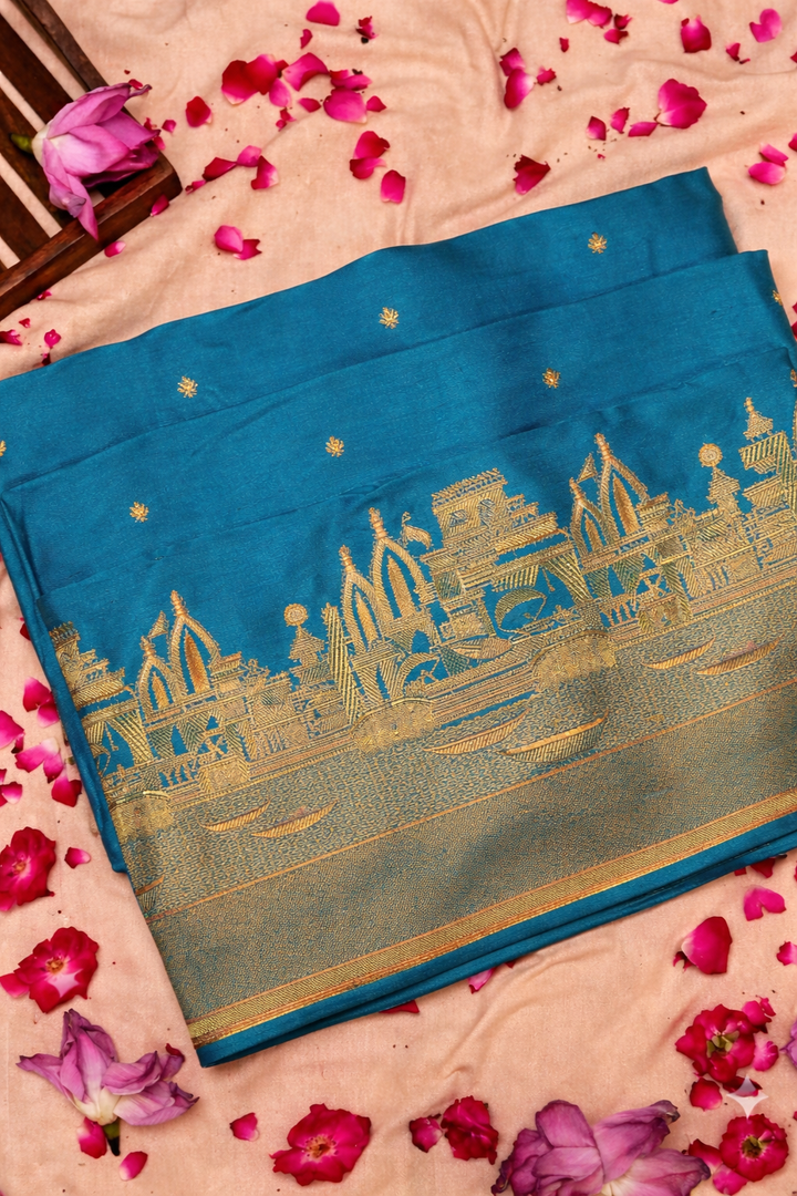 Teal Blue Banarasi Mashru Silk Saree with Ghat Designing Border