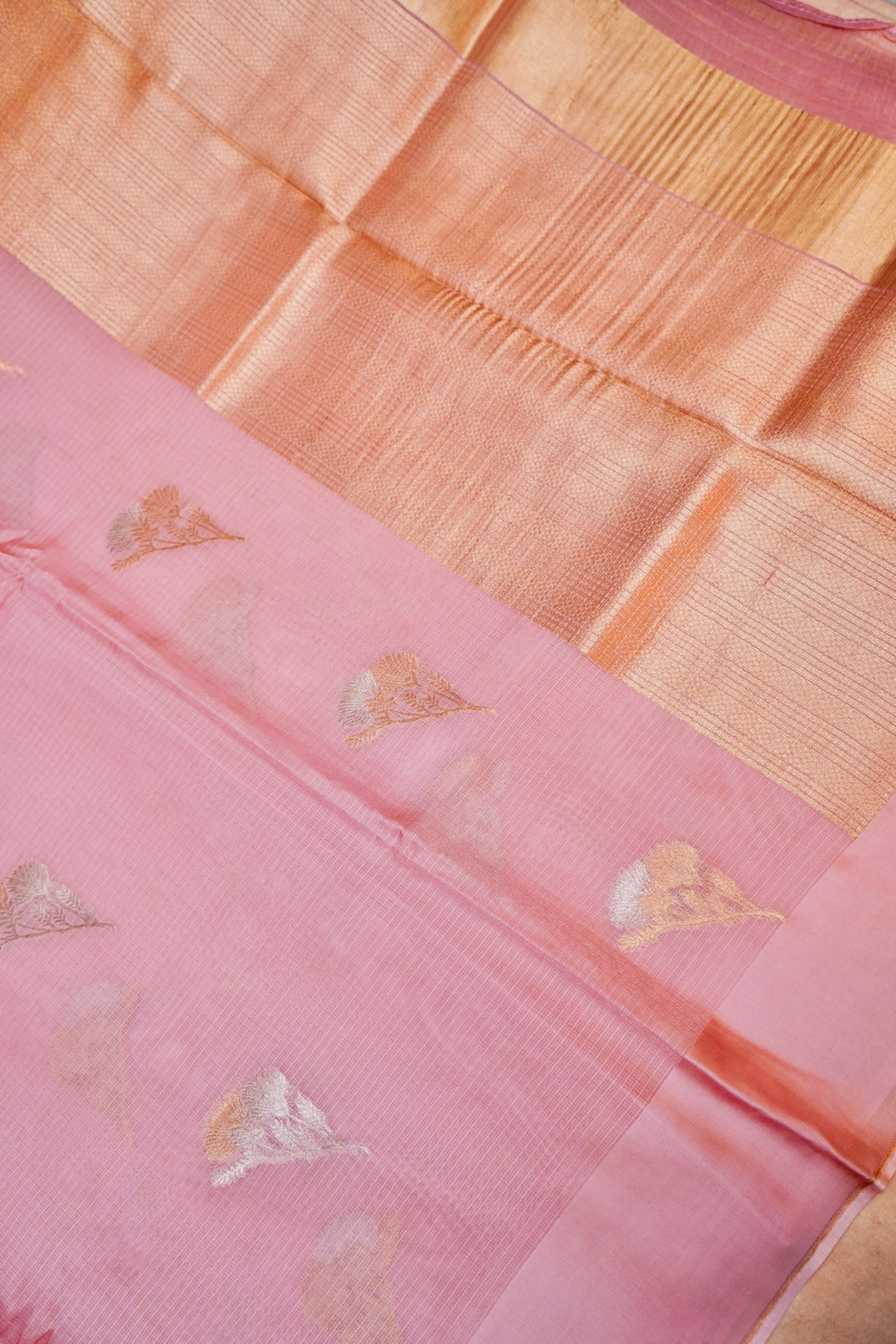 Graceful Pink Kota Check Saree Sona Rupa Zari Floral Motifs on Classic Handwoven Checks