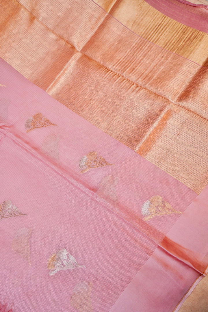 Graceful Pink Kota Check Saree Sona Rupa Zari Floral Motifs on Classic Handwoven Checks