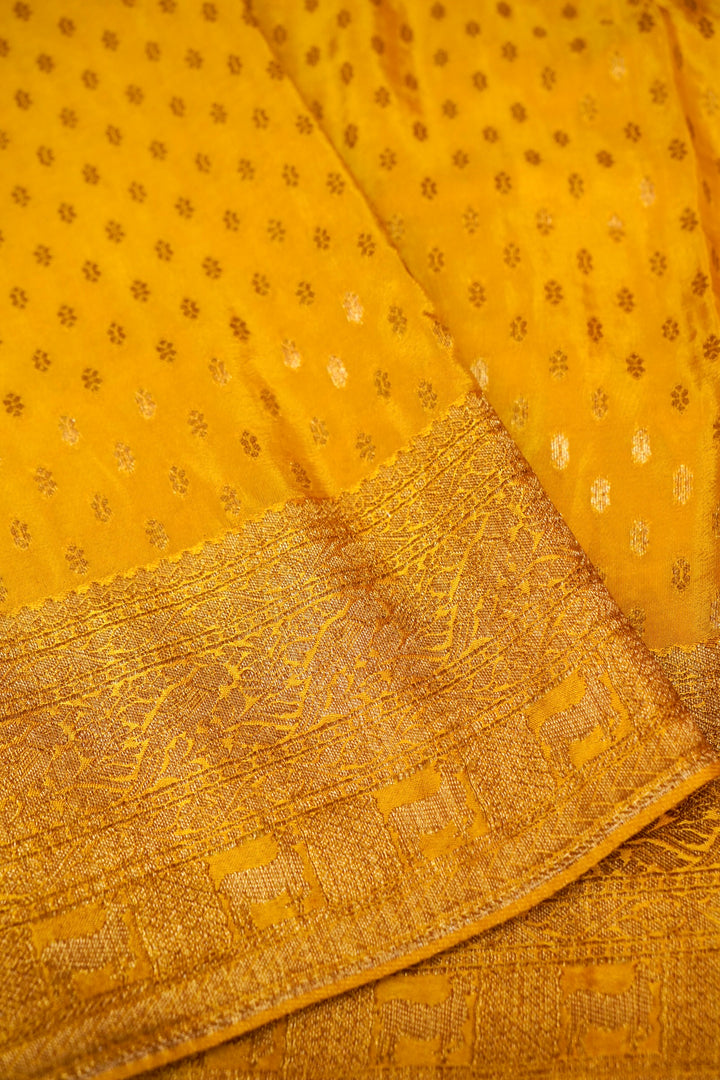 Antique Zari Weave Yellow Haldi Wear Pure Chinon Georgette Pichwai Saree