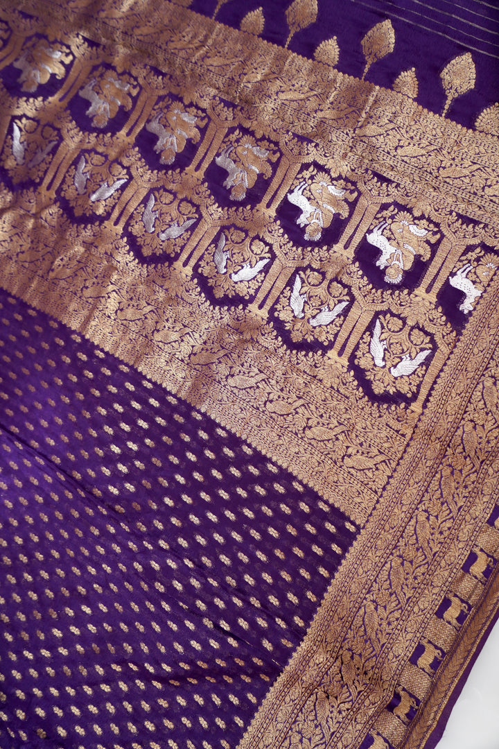 Royal Purple Banarasi Chinon Georgette Saree with Antique Zari Figure Motifs