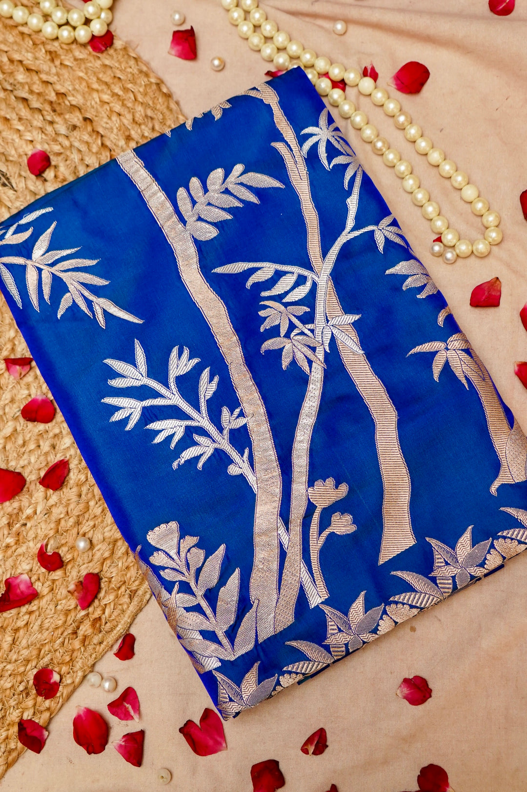 Royal Blue Satin Silk Raw Mango Inspired Cord Set with Sona Rupa Zari Weave View 1
