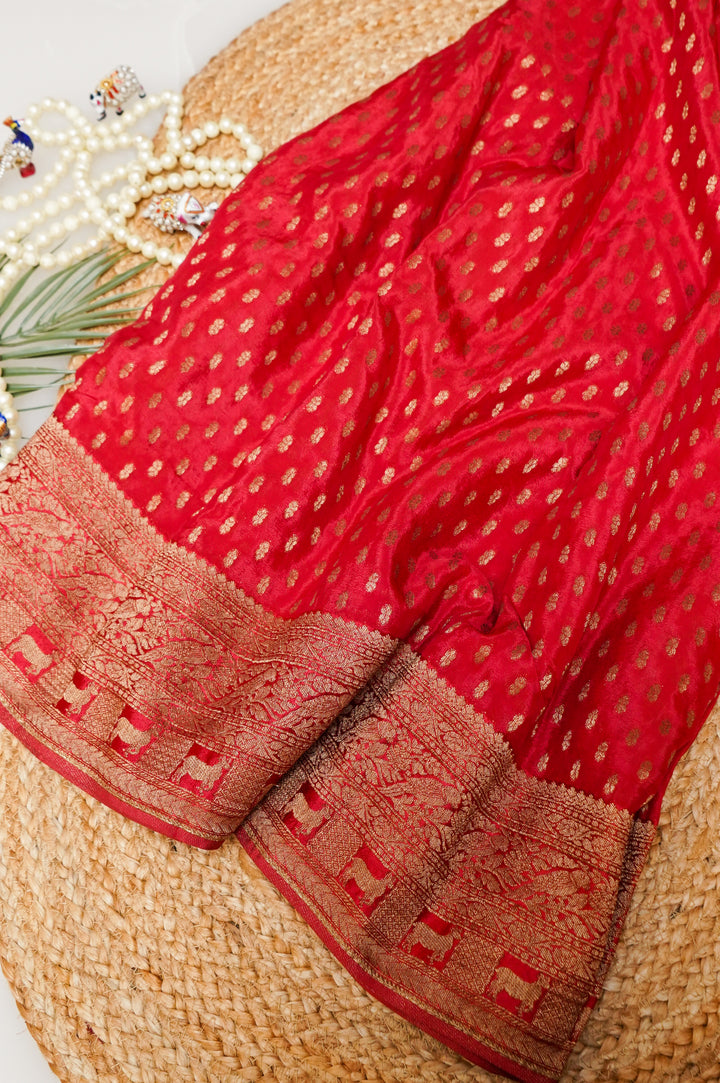 Pichwai Inspired Peach Pure Chinon Georgette Bridal Wear Saree