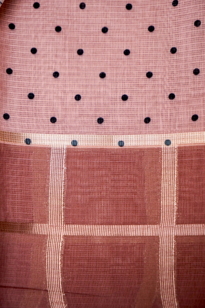 Dusty Rose Pink Kota Check Saree with Printed Body and Zari Weave Check Border Blouse