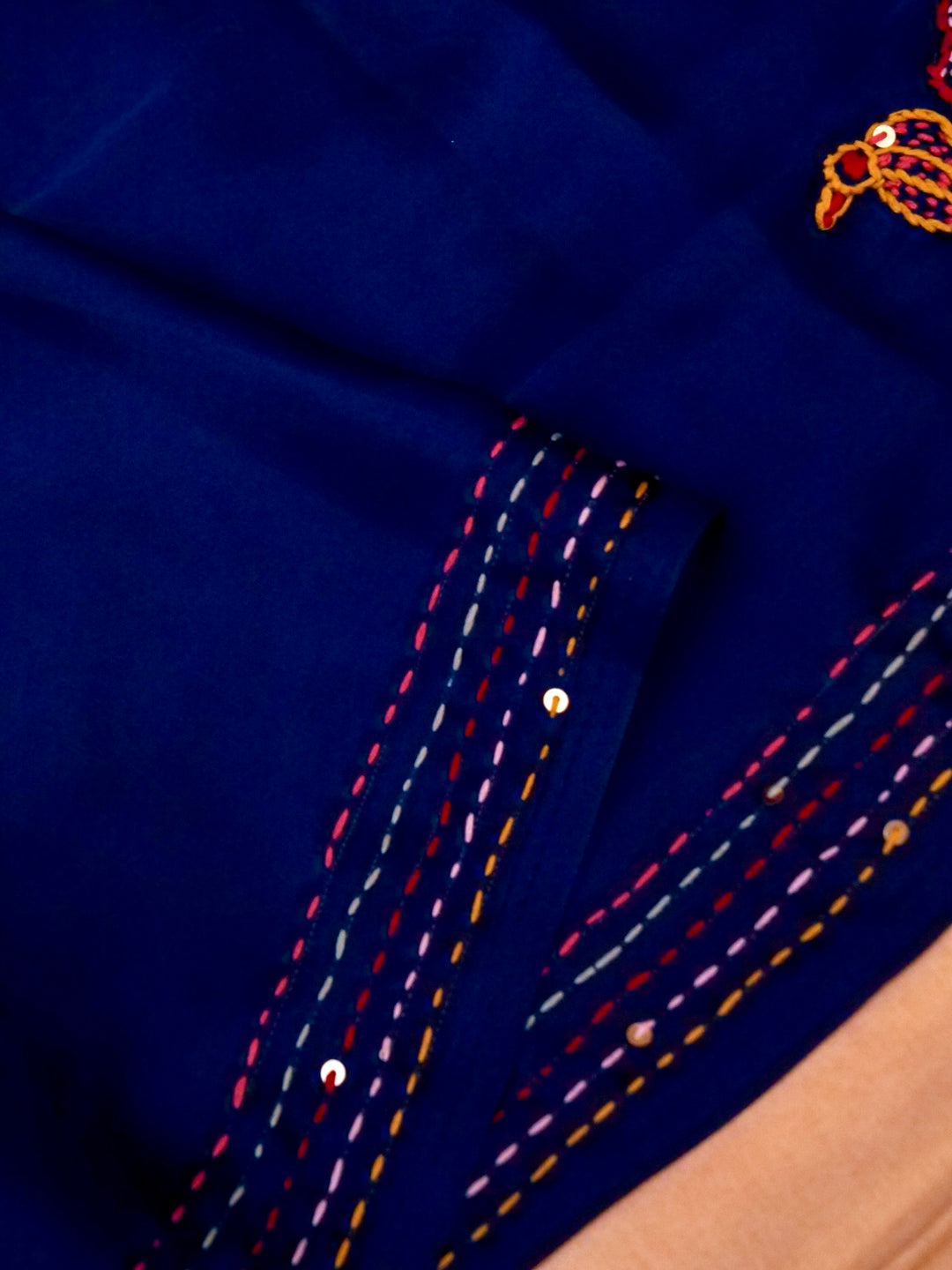 Teal Blue Ghicha Silk Saree with Hand Kantha Embroidery View 3